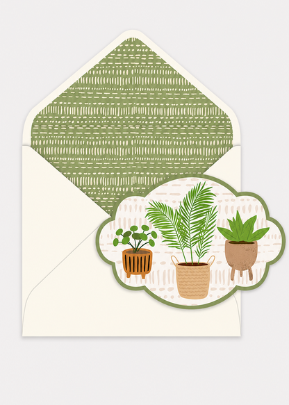 Greeting card with plant illustrations and a matching green envelope on a white background