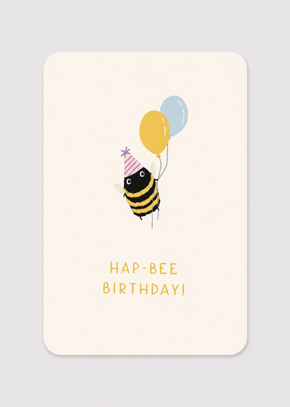 Birthday card with a bee holding balloons and 'Hap-Bee Birthday!' text on a light gray background.