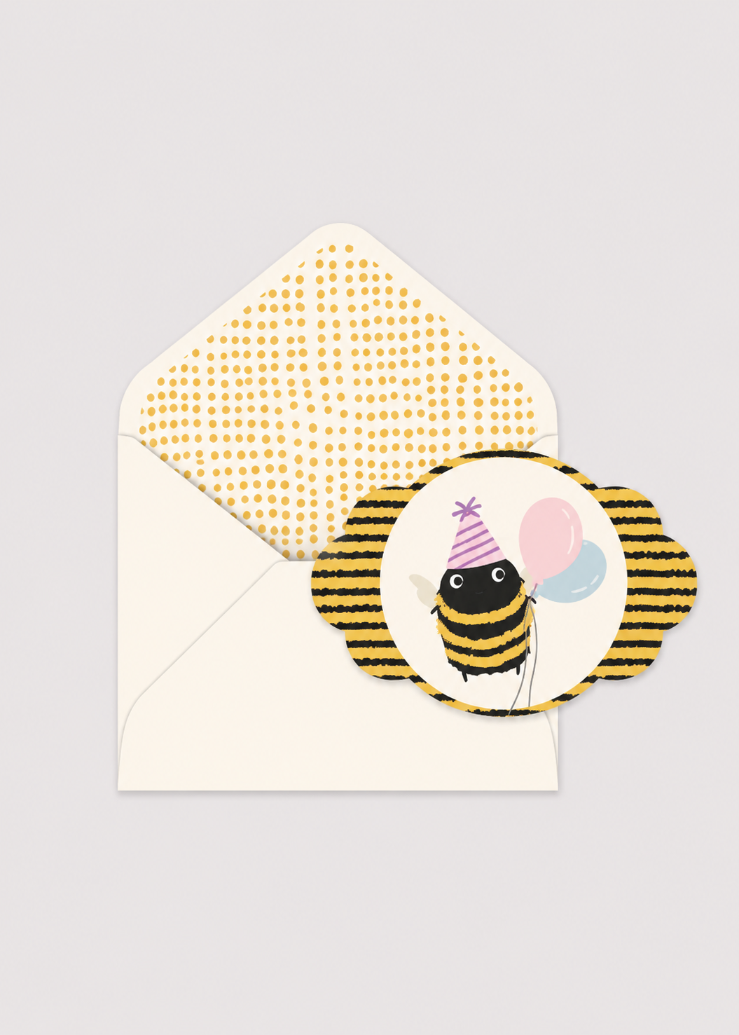 Invitation card with a bee design and envelope on a light gray background
