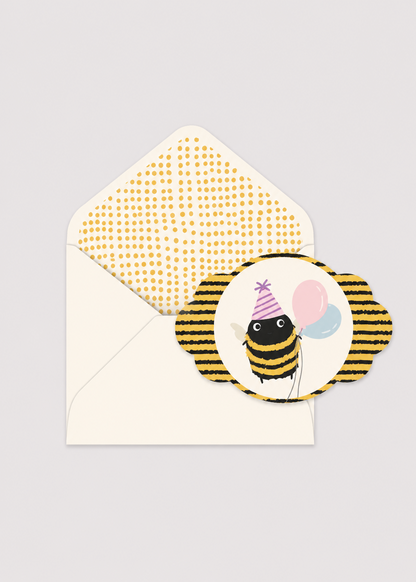 Invitation card with a bee design and envelope on a light gray background
