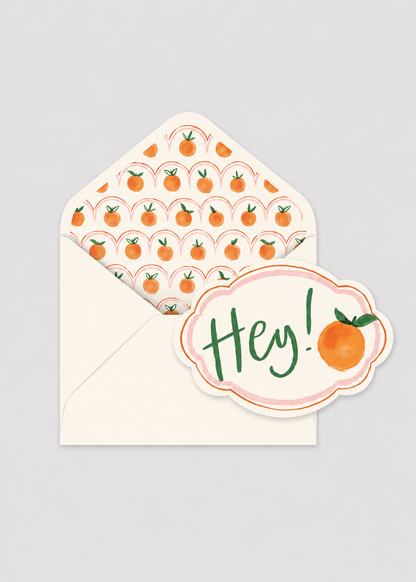Greeting card with 'Hey!' text and an envelope featuring orange illustrations on a gray background