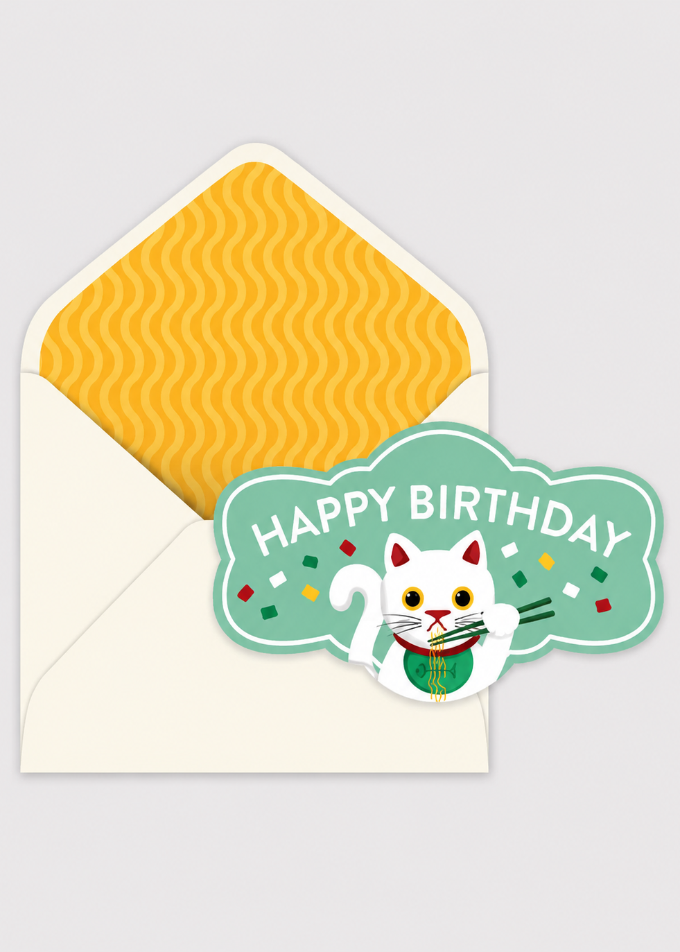 Happy Birthday card with a cat illustration and orange envelope on a light gray background