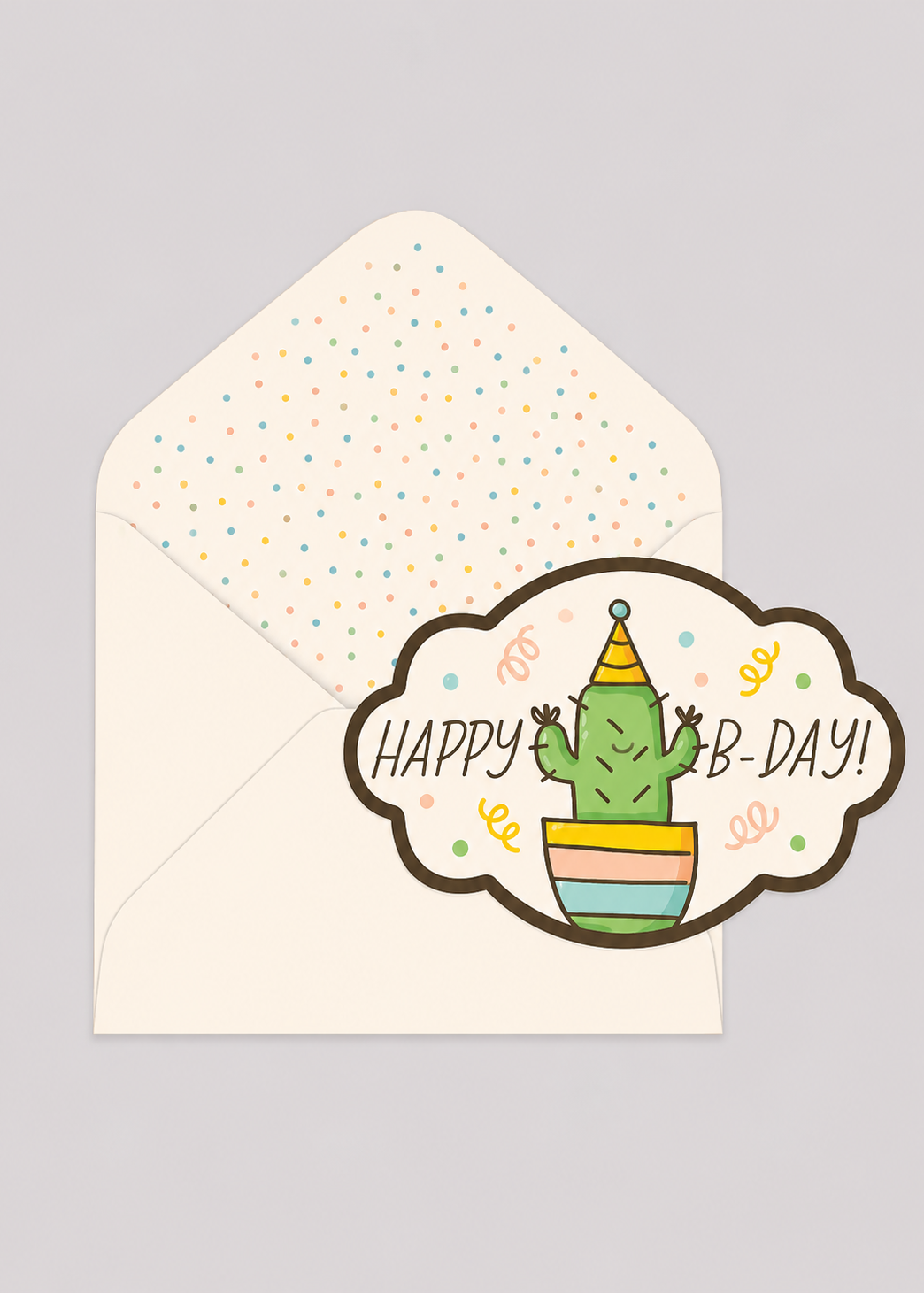 Happy Birthday card with a cactus design on a gray background