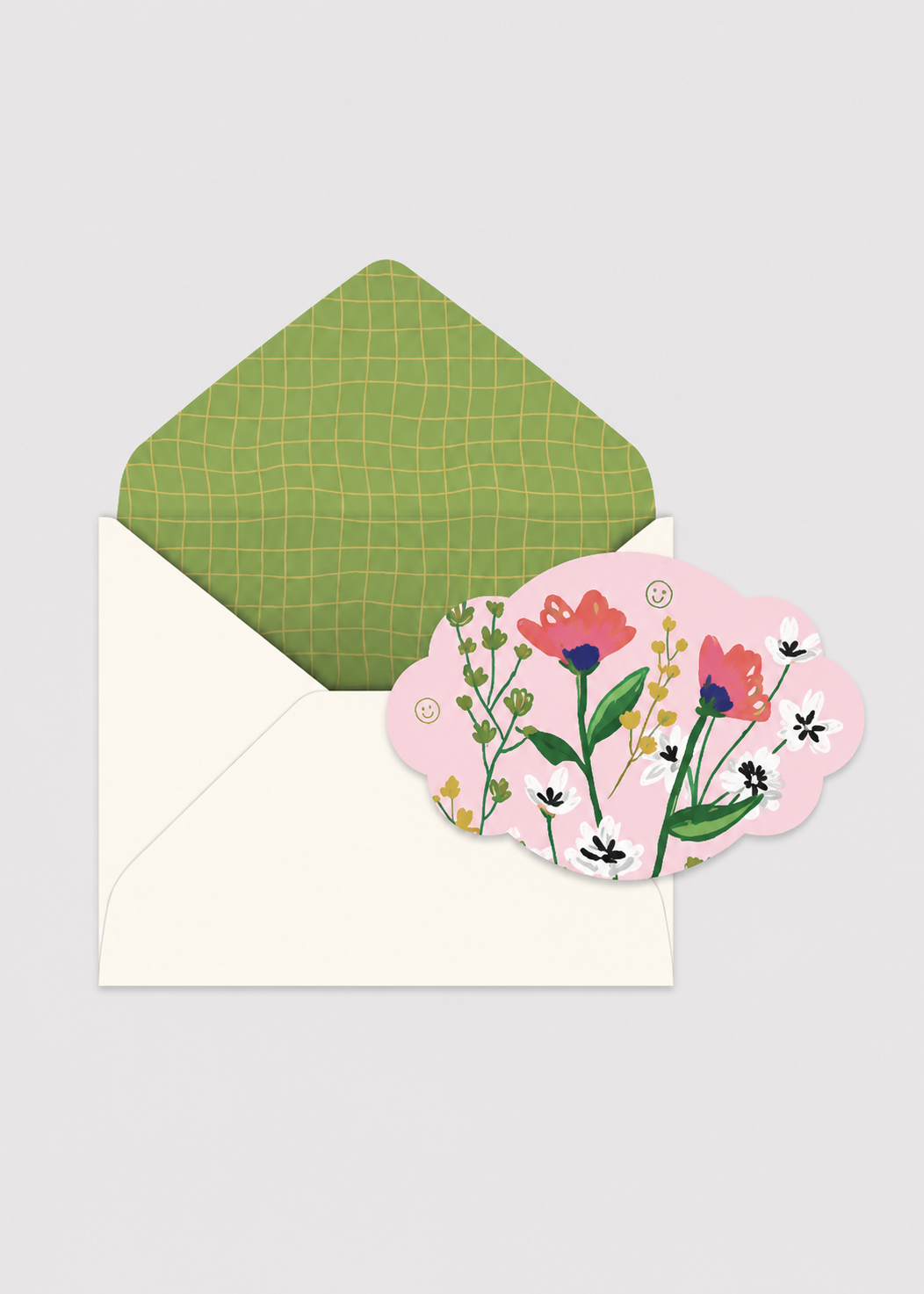 Floral card with a green envelope on a light gray background