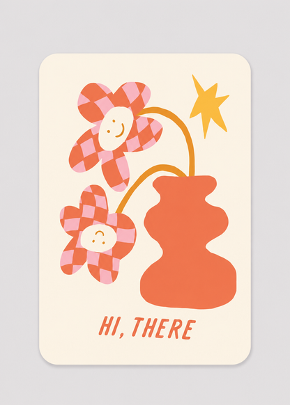 Card with checkered flowers and a star, featuring the text 'Hi, There' on a light gray background.