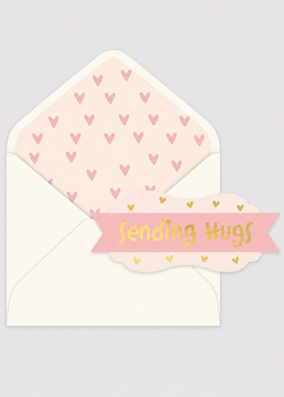 Card with 'Sending Hugs' text and heart-patterned envelope on a light gray background