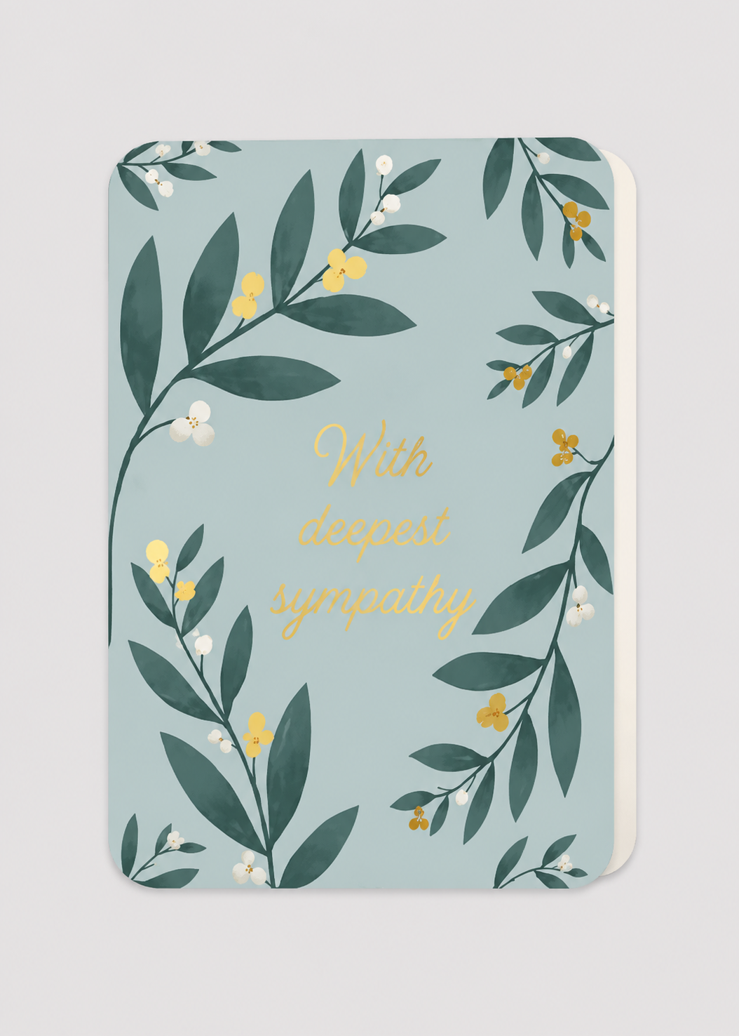 Greeting card with floral design and 'With deepest sympathy' text on a light blue background