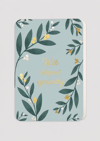 Greeting card with floral design and 'With deepest sympathy' text on a light blue background