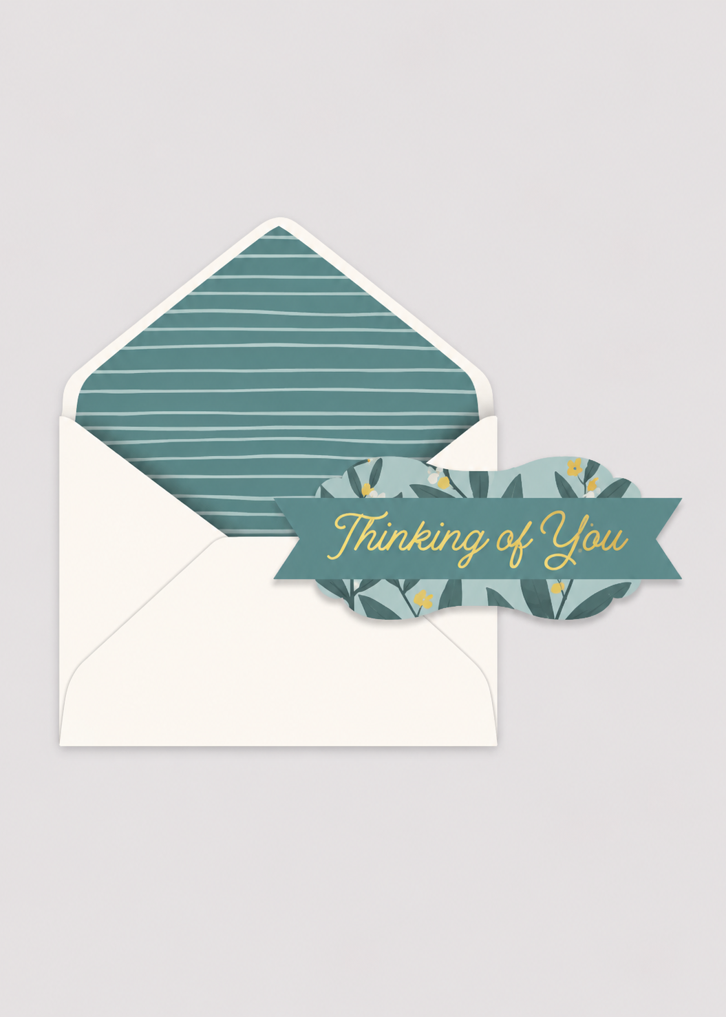 Envelopes with a decorative card labeled 'Thinking of You' on a light gray background
