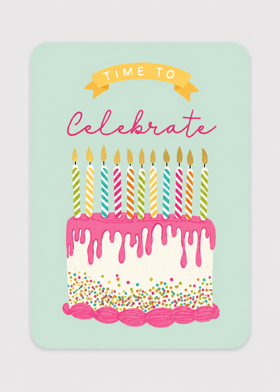 Card with a birthday cake illustration and 'Time to Celebrate' text on a light green background