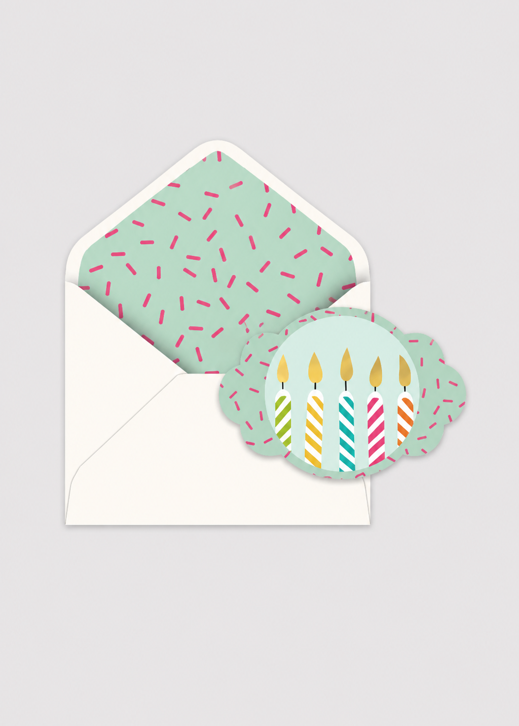 Set of birthday-themed cards with colorful candles and sprinkles on a light gray background