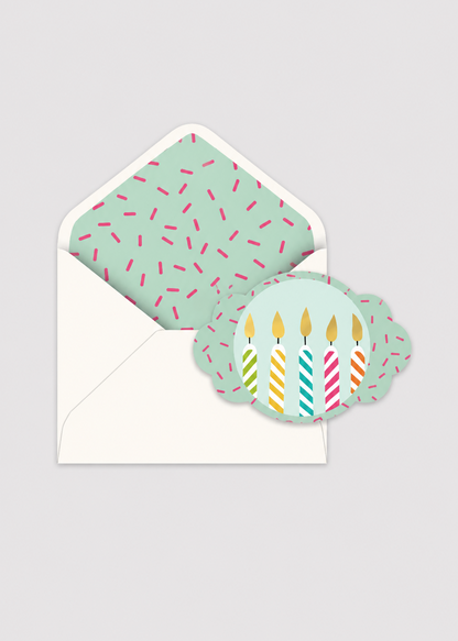 Set of birthday-themed cards with colorful candles and sprinkles on a light gray background