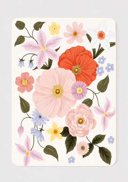 Floral design with pink, orange, and yellow flowers on a white background