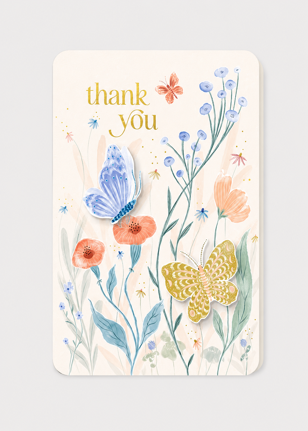 Greeting card with butterflies and flowers on a light gray background