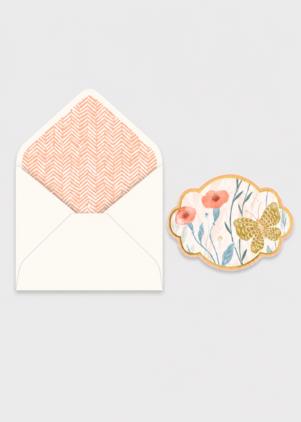 Floral card with matching envelope on a light gray background