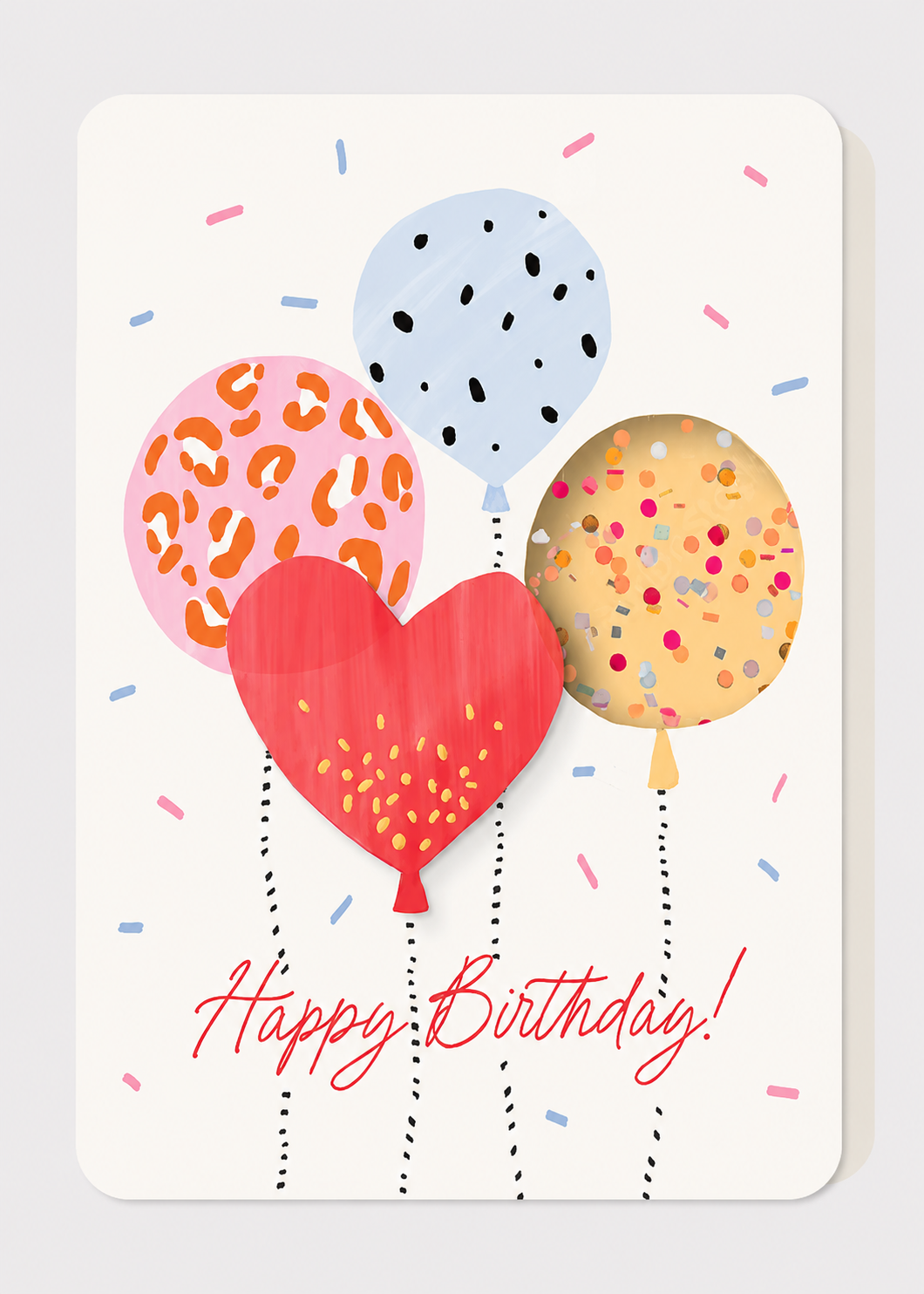 Birthday card with colorful balloons and 'Happy Birthday!' text on a light gray background