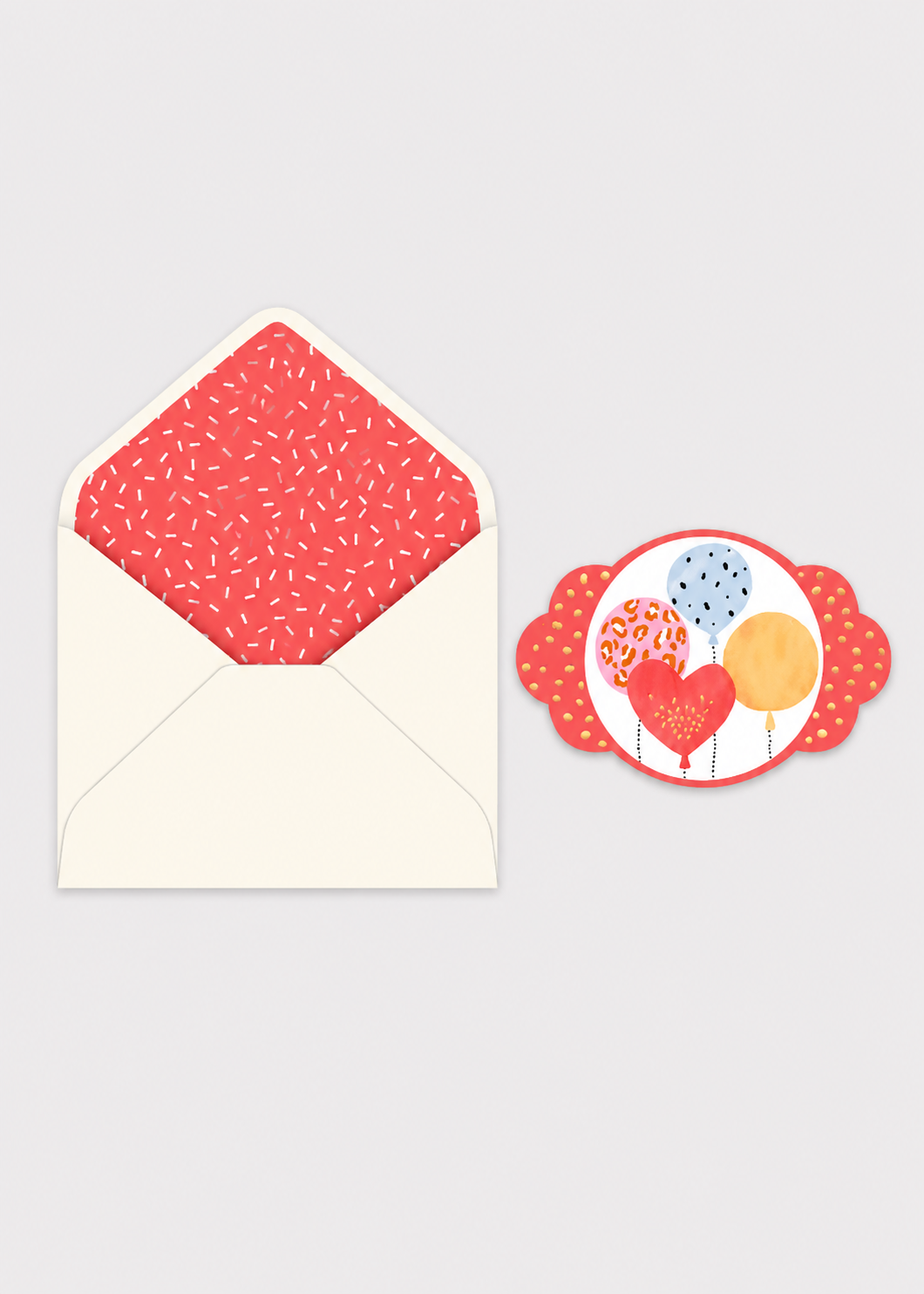 Card with envelope and heart-themed design on a light gray background