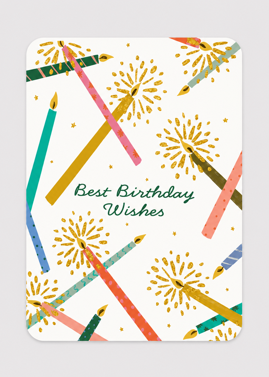 Greeting card with colorful birthday candles and 'Best Birthday Wishes' text on a white background