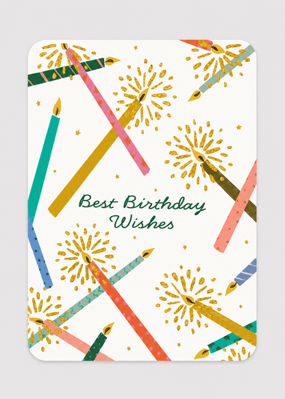 Greeting card with colorful birthday candles and 'Best Birthday Wishes' text on a white background