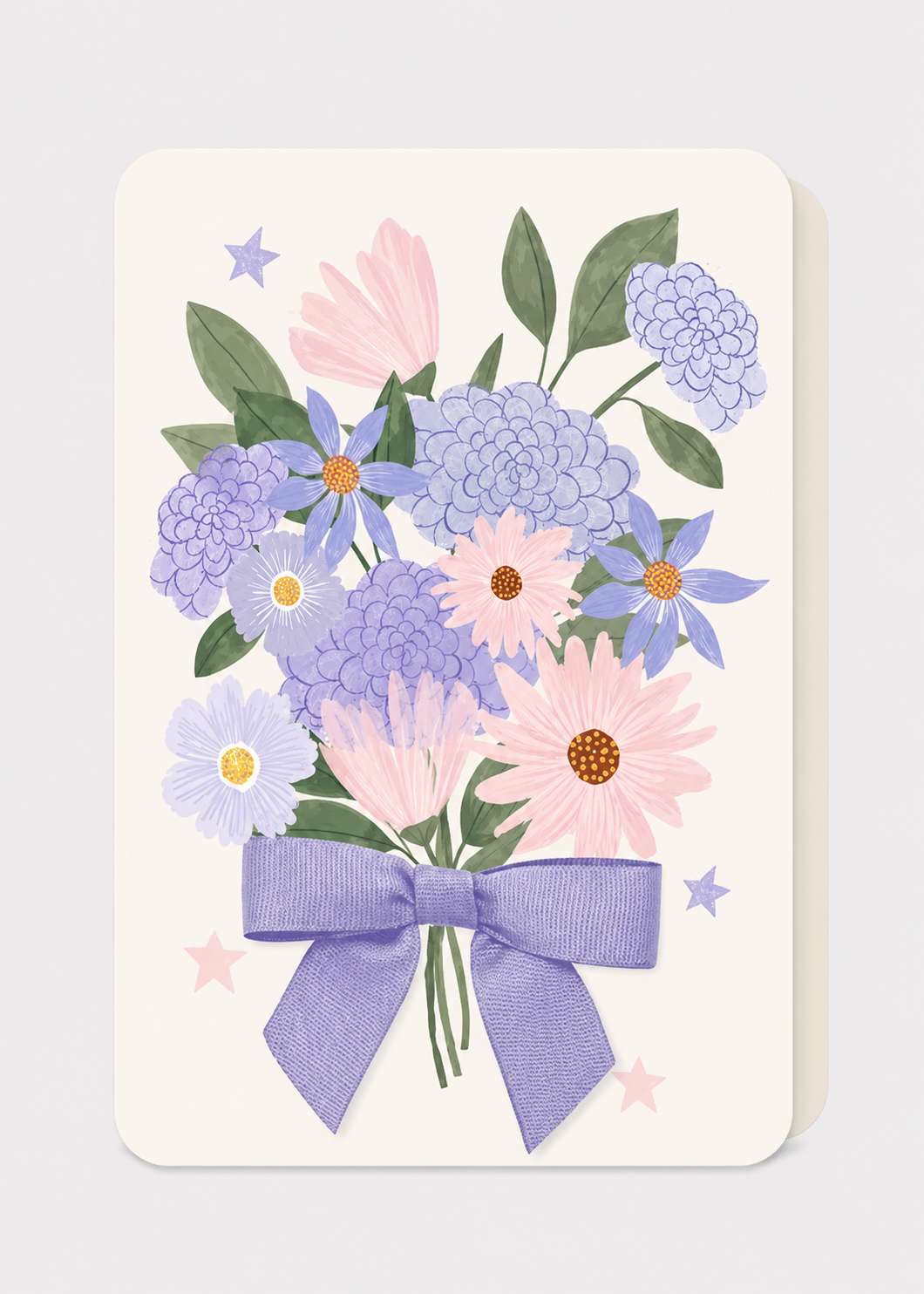 Card with a bouquet of flowers and a purple bow on a light gray background