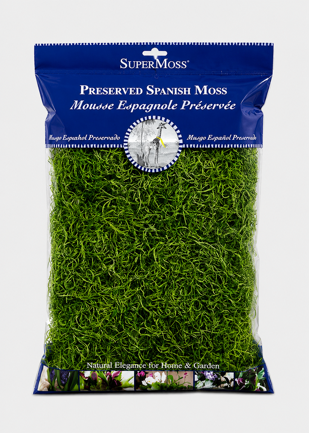 Super Moss Preserved Spanish Moss packaging on a white background