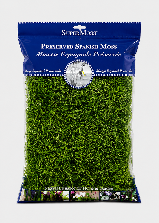 Super Moss Preserved Spanish Moss packaging on a white background