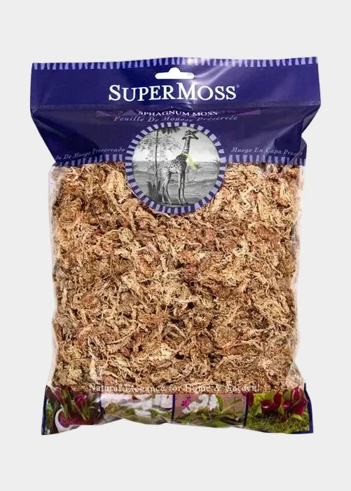 SuperMoss sphagnum moss package with a purple label and clear front