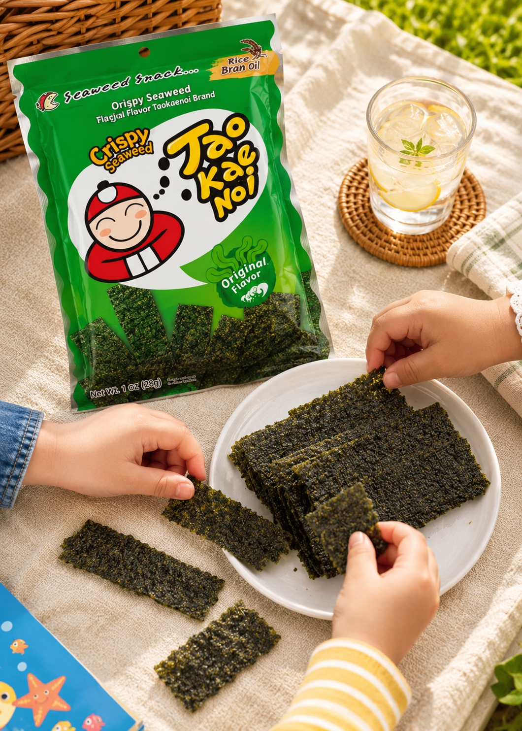 A bag of Too Koe Nai Original Flavored Tofu Paois seaweed snacks sits on a beige picnic blanket next to a glass of iced lemonade. Two children's hands are shown tearing the dark green seaweed sheets, which are also scattered on the blanket.