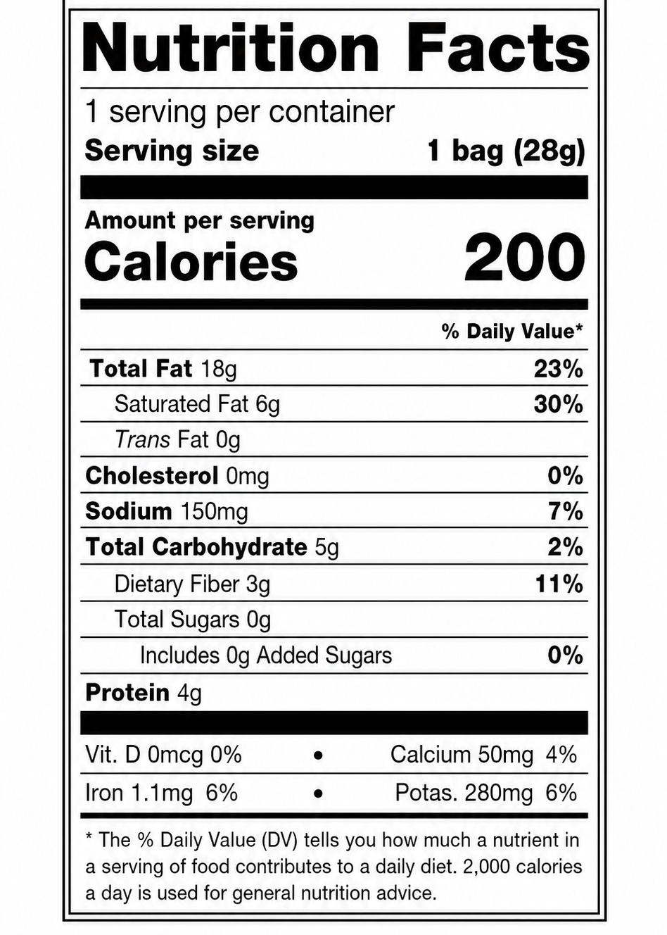 A Nutrition Facts label for a bag of Crispy Seaweed Snack, showing serving size, calories, fat, cholesterol, sodium, carbohydrates, and protein content.
