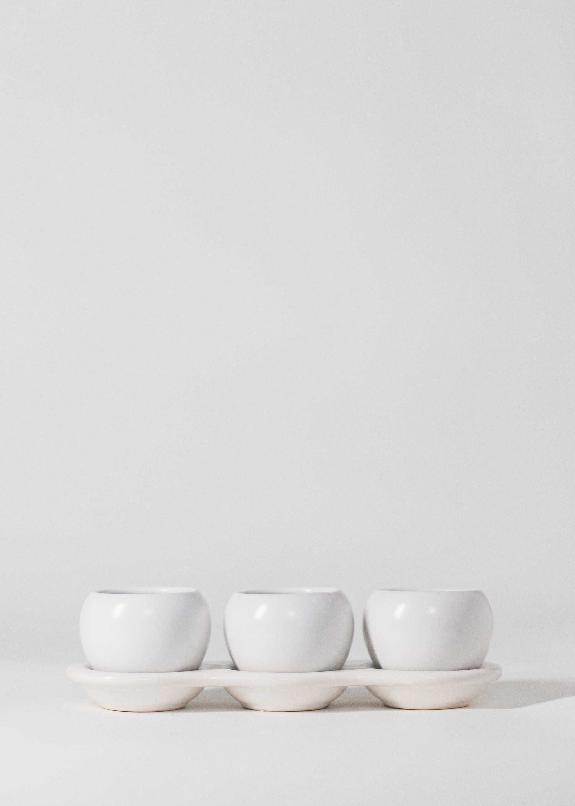 three planters on saucer in white. each planter has a 2" opening