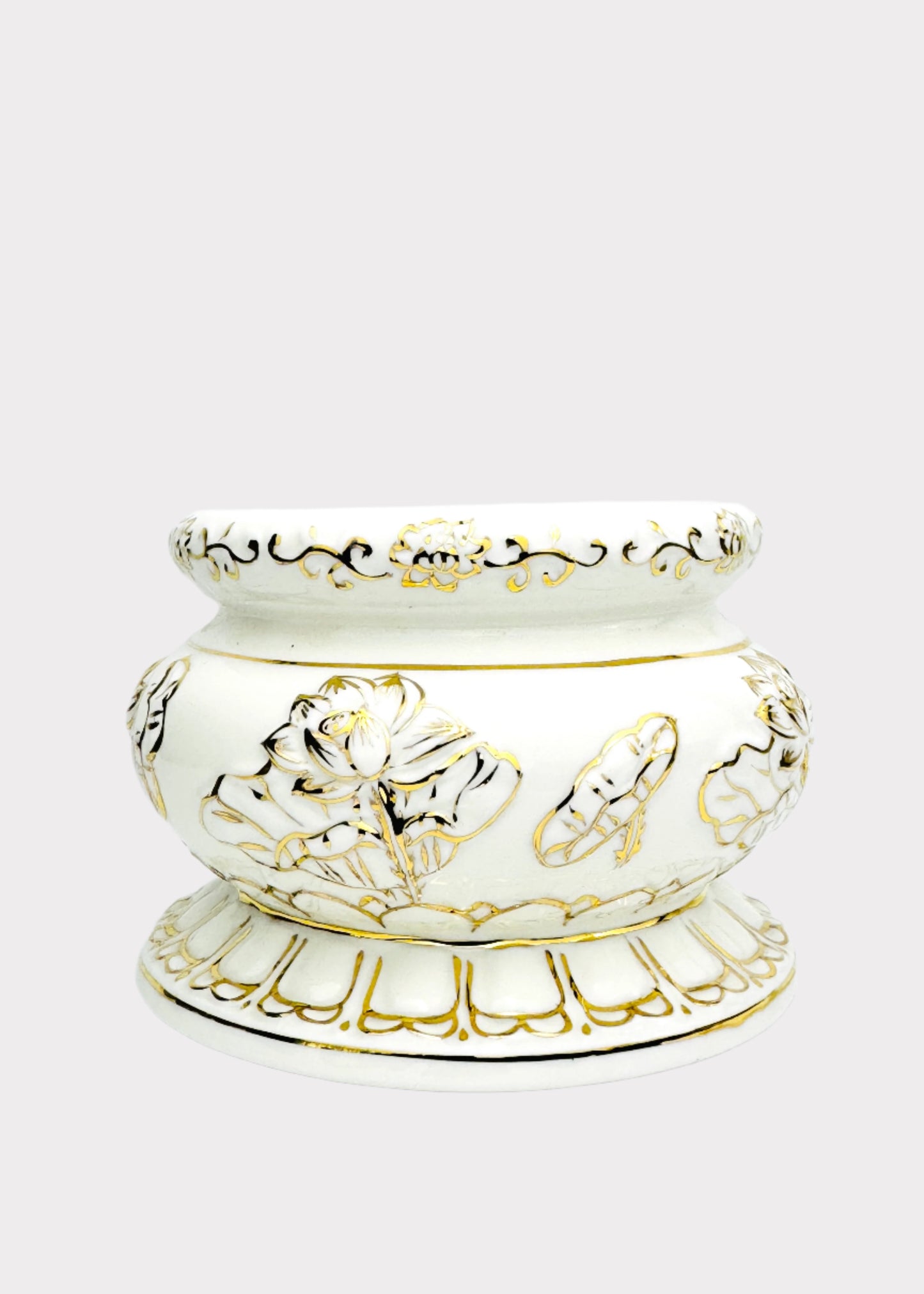White Relief Lotus – Incense Holder Pot with Gold Accents – Ceramic