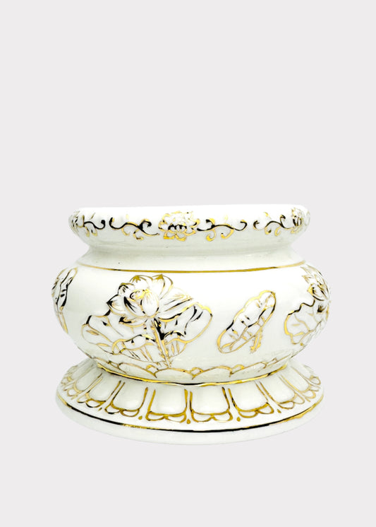 White Relief Lotus – Incense Holder Pot with Gold Accents – Ceramic