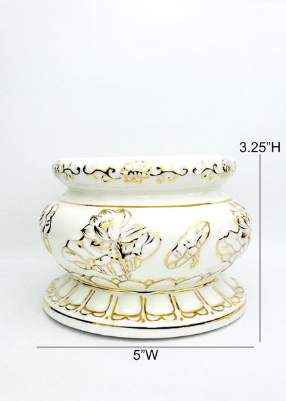 White Relief Lotus – Incense Holder Pot with Gold Accents – Ceramic