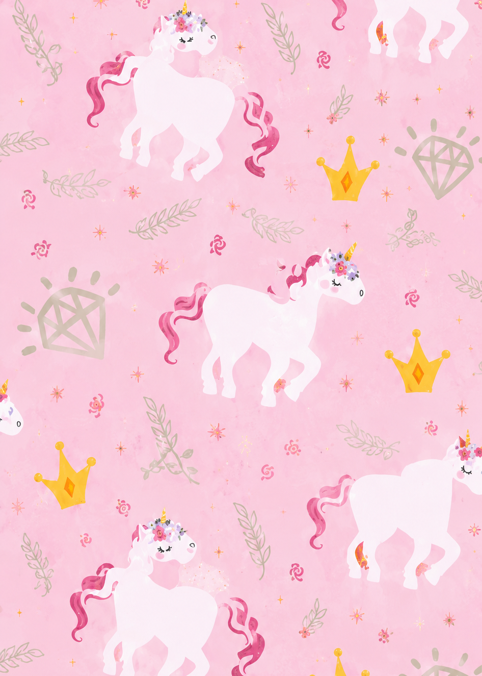 Unicorn and princess crown pattern on a pink background