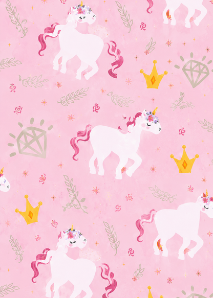 Unicorn and princess crown pattern on a pink background