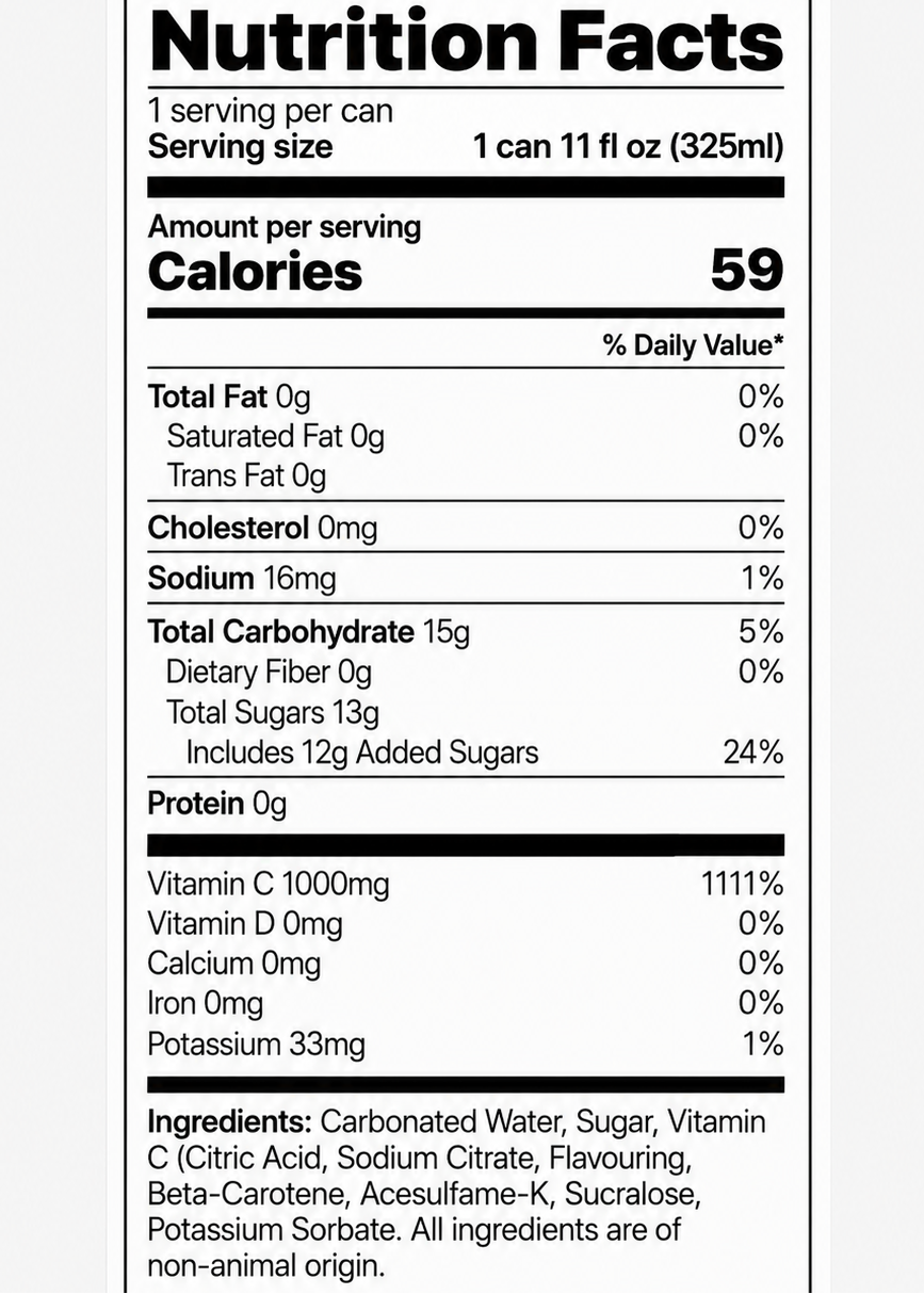 A Nutrition Facts label for VIDA C Orange Sparkling Drink, showing serving size, calories, and ingredients on a white background with orange title text at the top.