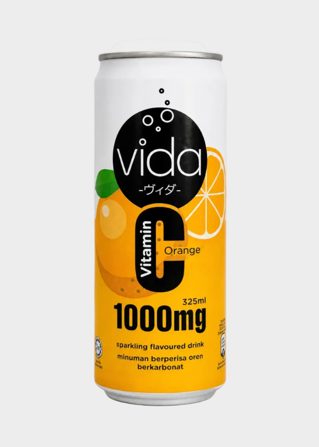 A 325ml can of vida Vitamin C Orange sparkling drink, featuring a white and yellow label with a large black Vitamin C logo and orange illustrations.