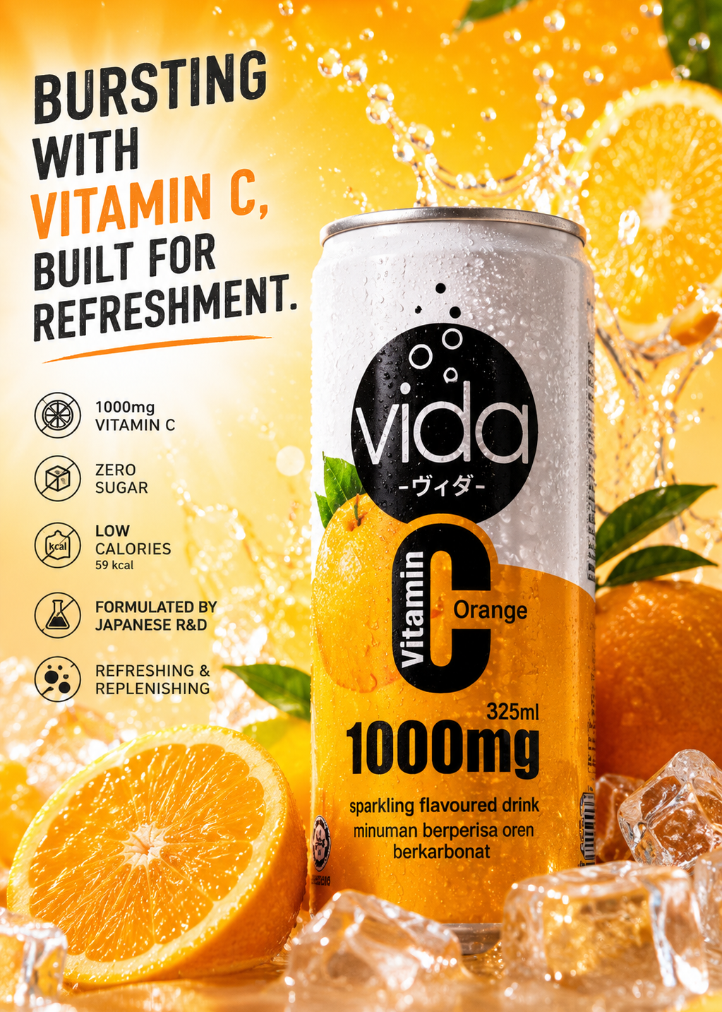 A can of vida Vitamin C Orange sparkling drink surrounded by oranges, ice, and orange juice splashes on a bright orange background. The can features a black circular logo with the white 'vida' brand name and 'Vitamin C Orange' text.