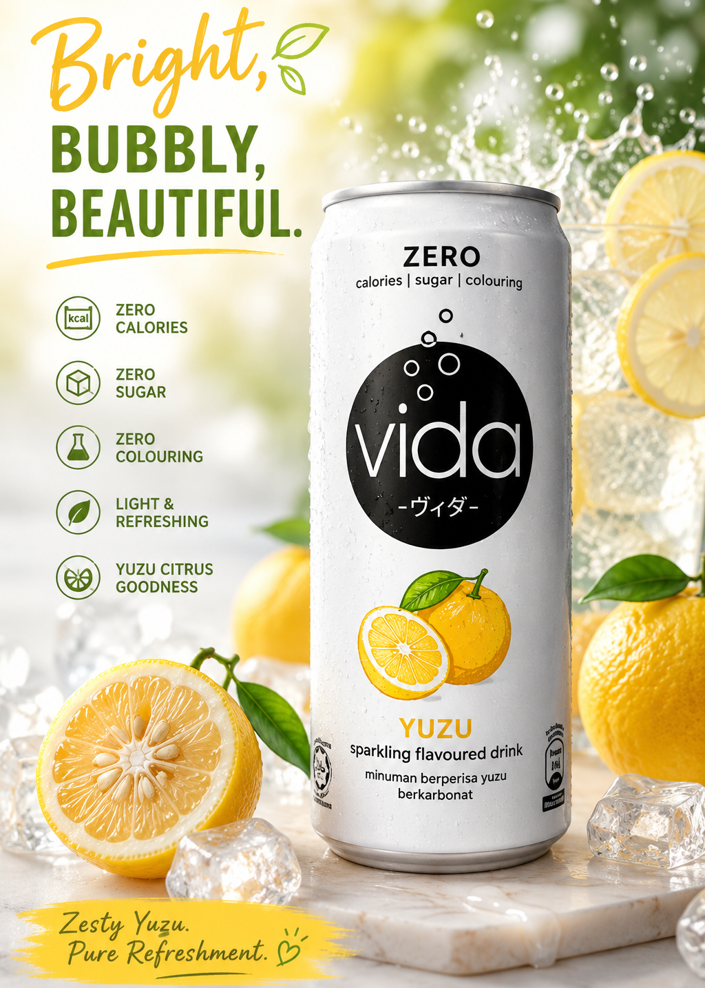 A can of vida Zero Sparkling Flavoury Drink in Yuzu flavor, presented on a marble surface with ice cubes, fresh lemons, and a green and white marketing graphic background.