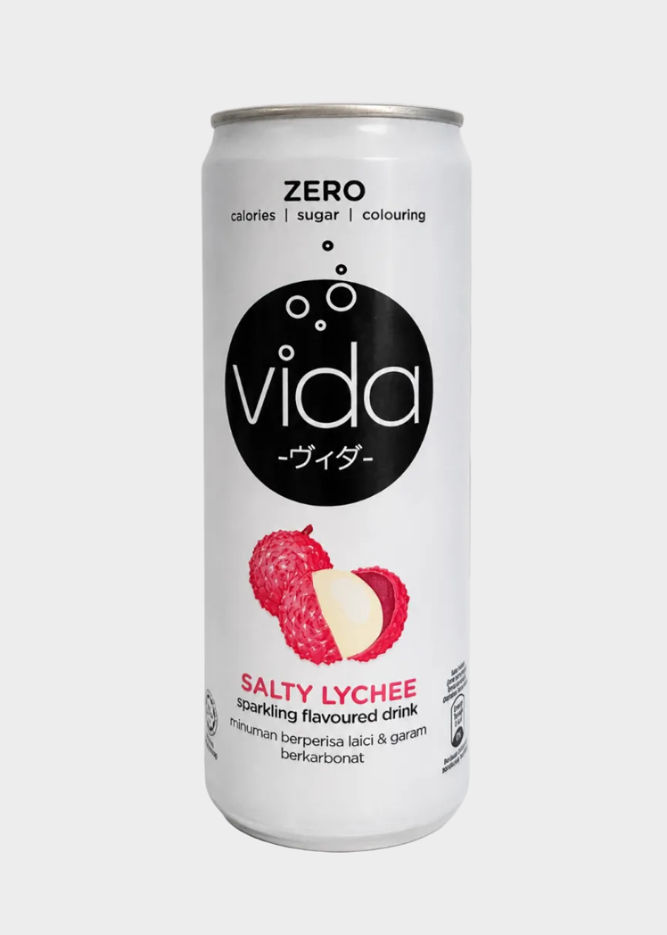 A can of Vida Zero Salty Lychee sparkling flavoured drink, featuring a white can with a black circular logo and a graphic of red lychees, on a light gray background.