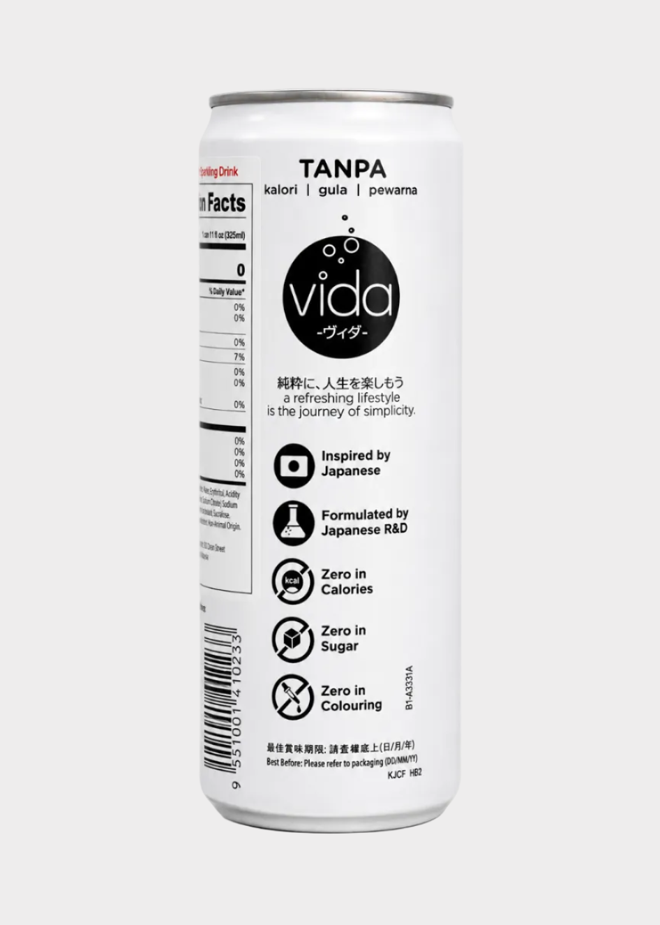 A white aluminum can of Vida Tanpa beverage shown upright on a plain white background, with the back label featuring black text, icons, and branding.
