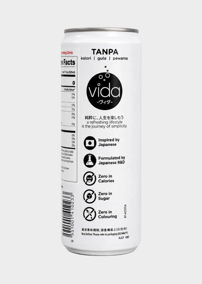 A white aluminum can of Vida Tanpa beverage shown upright on a plain white background, with the back label featuring black text, icons, and branding.