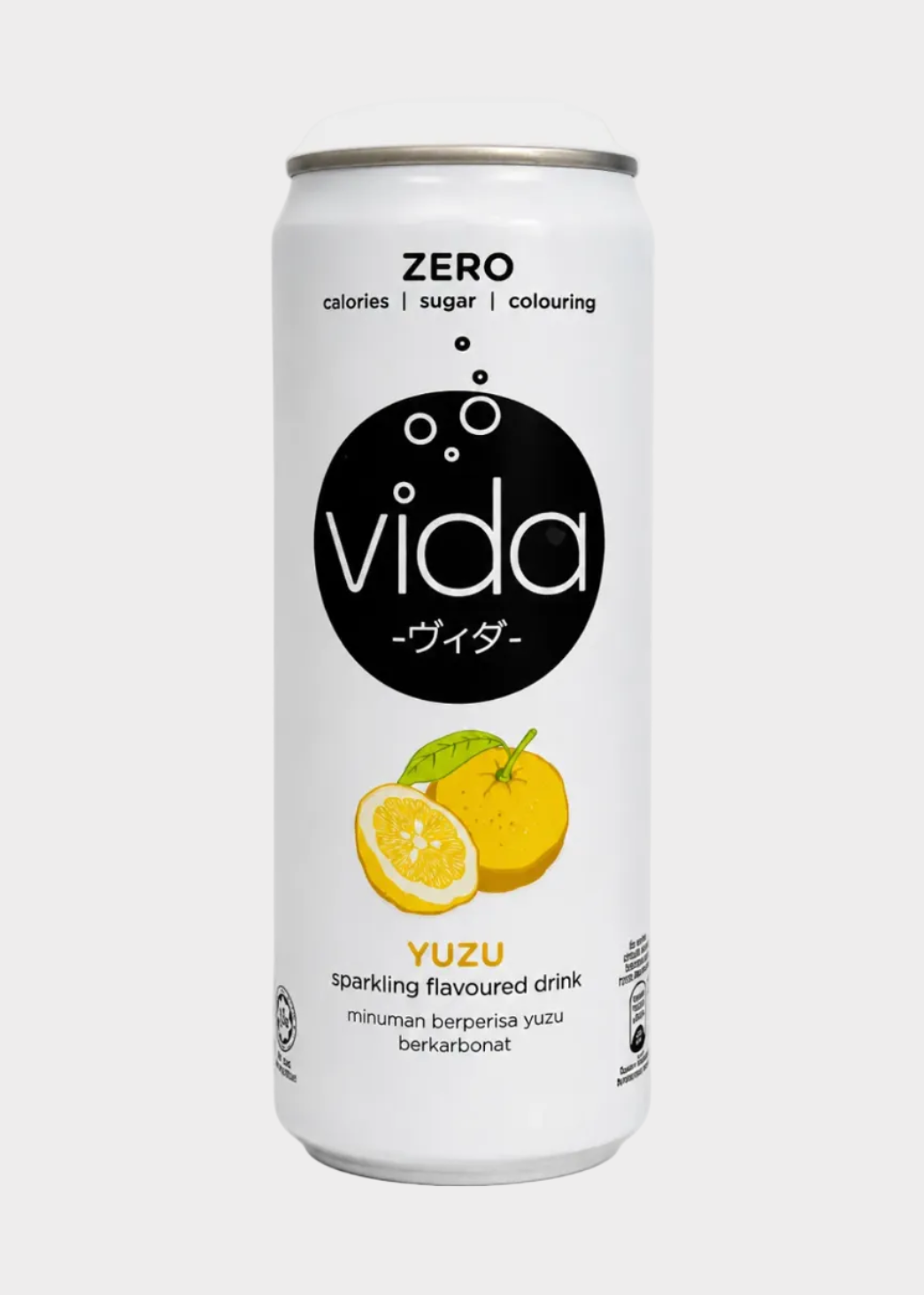 A white can of vida Zero Sparkling Flavoured Drink in Yuzu flavor, featuring a black circular logo and illustrations of a sliced yuzu and a whole yuzu on a light gray background.