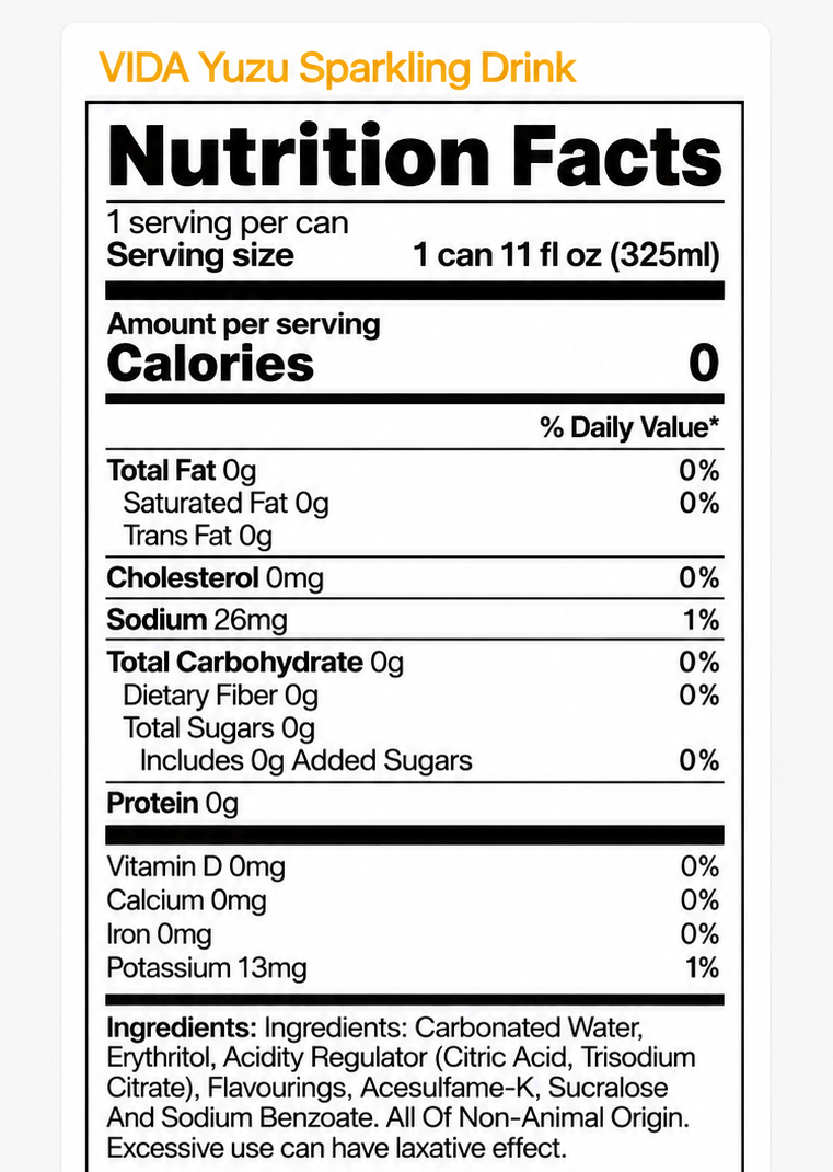 VIDA Zero Sugar Yuzu Sparkling Drink 11 fl oz (325 ml)