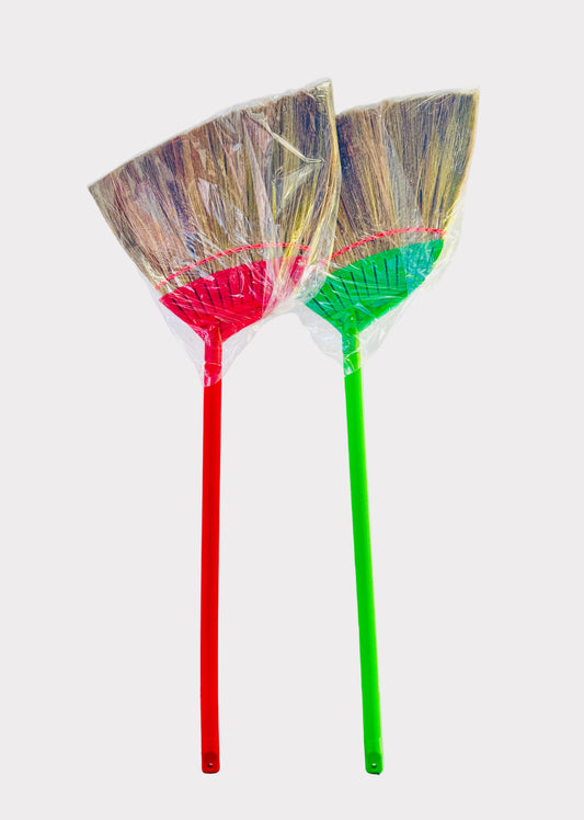 Wide Vietnamese Asian Soft Straw Broom - Colorful Plastic Handle - Easy Cleaning (1 Random Color)