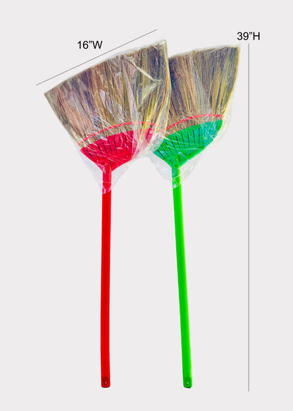 Wide Vietnamese Asian Soft Straw Broom - Colorful Plastic Handle - Easy Cleaning (1 Random Color)