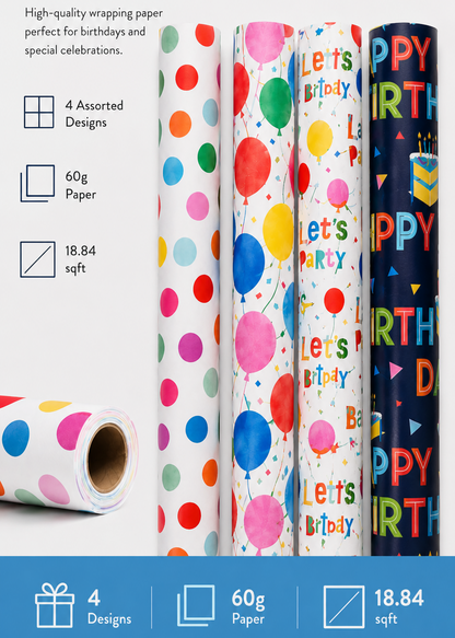 Assorted birthday-themed wrapping paper rolls with colorful designs on a blue background.
