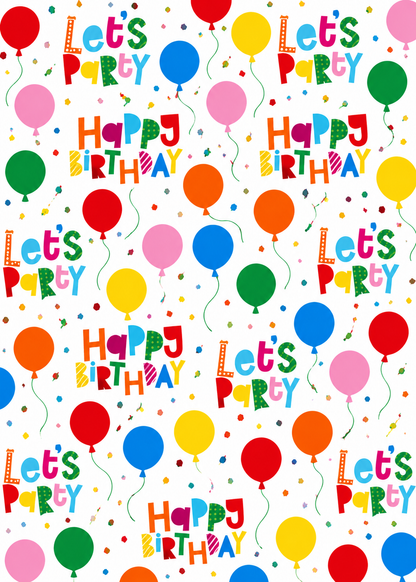 Colorful birthday-themed wrapping paper with balloons and text on a white background