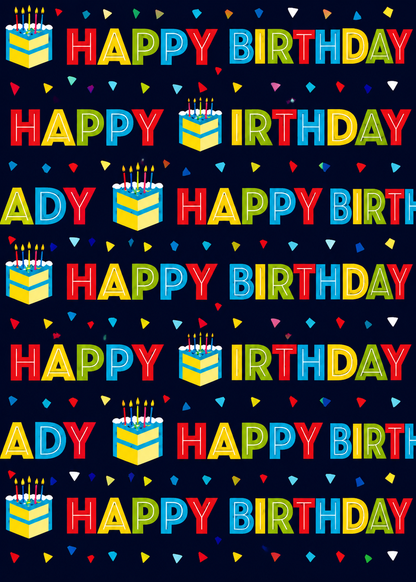 Colorful 'Happy Birthday' text and cake illustrations on a black background