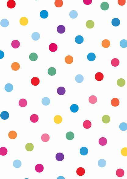 Pattern of colorful polka dots on a white background